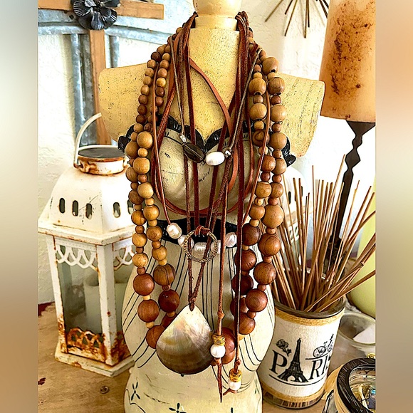 Artisan Jewelry - Gorgeous Nature Natural Wooden Bead Necklace Collection w Pearls, Abalone, Jute